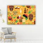 Tableau africain motifs sur fond jeune. Bonne qualité, original, accrochée sur un mur au dessus d'une chaise dans une maison