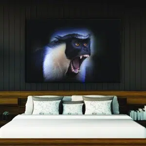 Tableau singe avec grosses dents. Bonne qualité, original, accrochée sur un mur au-dessus d'un lit dans une maison