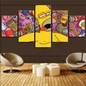 Tableau en 5 parties Homer Simpson street art devant un salon ultra contemporain