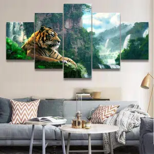 Tableau Jungle en 5 parties tigre dominant devant une cascade d'eau et la jungle