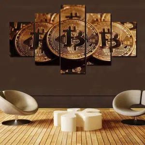 Toile décorative illustrée de pièces Bitcoins en or
