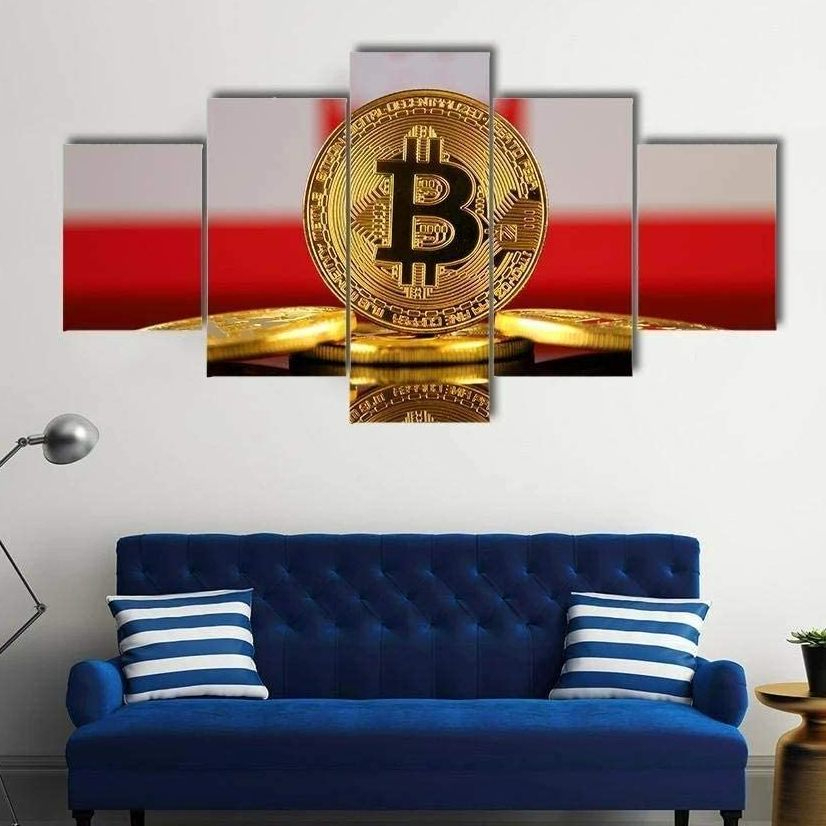 Tableau contemporain Bitcoin au-dessus d'un canapé bleu
