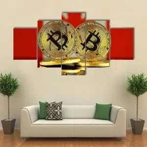 Toile décorative illustrée de deux pièces Bitcoins dorées