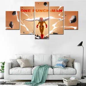au dessus d'un canapé blanc installé sur un mur blanc un tableau de 5 pièces orange, montre le personnage du manga one punch man avec le nom inscrit au dessus