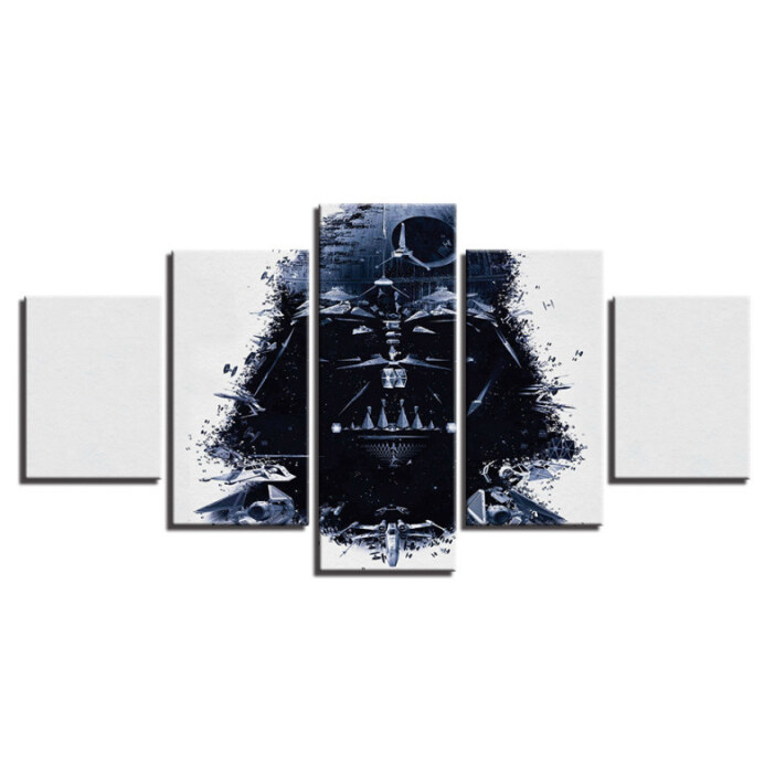 présenté sur fond blanc, un tableau en 5 pièces représentant la tête de Dark Vador dans Star Wars dans un style moderne