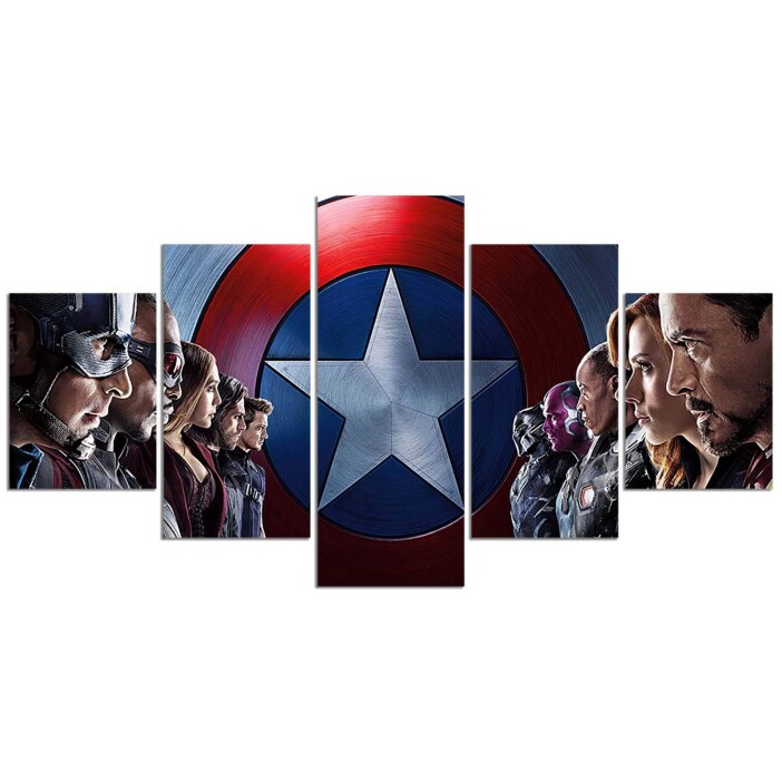 sur fond blanc un tableau en 5 pièces qui représente les héros de marvel avengers qui sont alignés et se font face, devant lécusson de captain américa