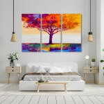Tableau triptyque nature avec arbre multicolore présenté sur un mur gris, dans un salon, en dessous se trouve un canapé