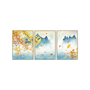 Tableau triptyque paysage japonais pastelle présenté sur fond blanc