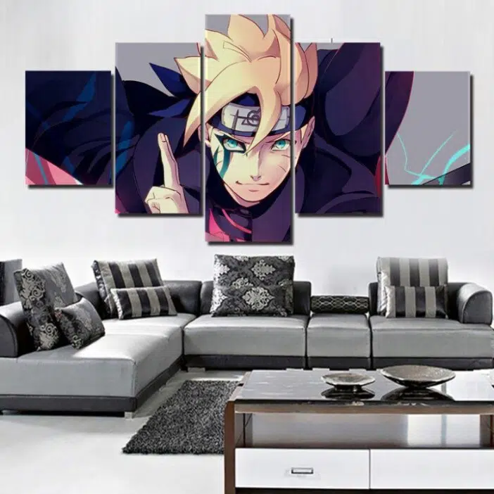 Tableau Naruto motivé et optimiste présenté sur mur gris avec un canapé dessous