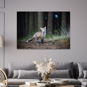 Tableau renard en chasse dans la forêt accroché sur le mur gris d'un salon au-dessus d'un canapé gris à coussins et d'une table basse avec une plante.