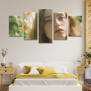 Tableau visage de jeune fille dans la nature accroché au mur d'une chambre avec décorations en bois lit et couvertures et coussins jaune
