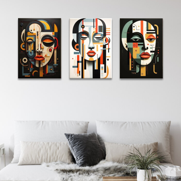 Fonds mockups Tableau visage contemporain géométrique accroché au mur d'un salon au-dessus d'un canapé blanc avec coussins clairs et gris et plaid