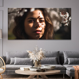 Tableau visage de femme à l'ombre des fleurs accroché au mur gris d'un salon de style classique au-dessus d'un canapé d'angle gris encadrant une table basse en bois clair décorée d'un bouquet de fleurs séchées