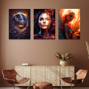 Tableau visage femme légendaire style fantasy accroché au mur taupe d'un salon au-dessus d'un buffet en bois clair décoré avec fauteuils en cuir marron
