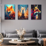 Tableau petit renard encadré de ses parents accroché dans un salon classique aux murs et au canapé d'angle gris avec une table basse en bois décorée de fleurs séchées