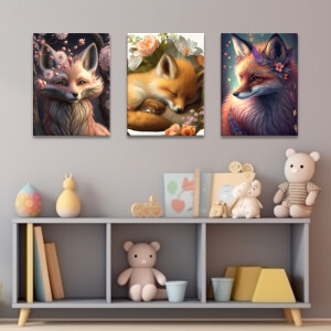 Tableau renard endormi bien gardé accroché dans une chambre d'enfant sur un mur gris au-dessus d'un meuble bas ouvert avec des ours en peluche et des jouets exposés
