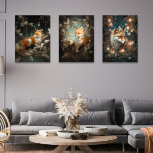 Tableau renard perché dans les arbres en fleurs accroché dans un salon de style classique aux murs gris au-dessus d'un canapé d'angle gris et une table basse en bois décorée de fleurs séchées