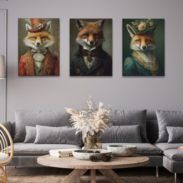 Fonds mockups Tableau renard portraits victoriens accroché dans un salon classique dans les tons gris au-dessus d'un canapé d'angle avec coussins et table basse décorée