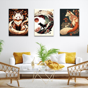 Tableau renard style japonais accroché dans un salon au-dessus d'un canapé blanc avec coussins jaunes et table basse en verre avec deux fauteuils en rotin