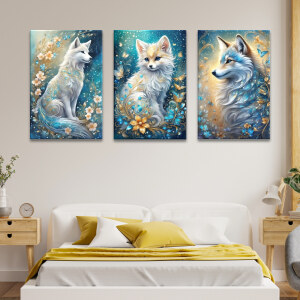 Tableau renards arctiques en famille accroché dans une chambre au-dessus d'un lit avec des couvertures et coussins jaunes, encadré de tables de nuit en bois clair décorées