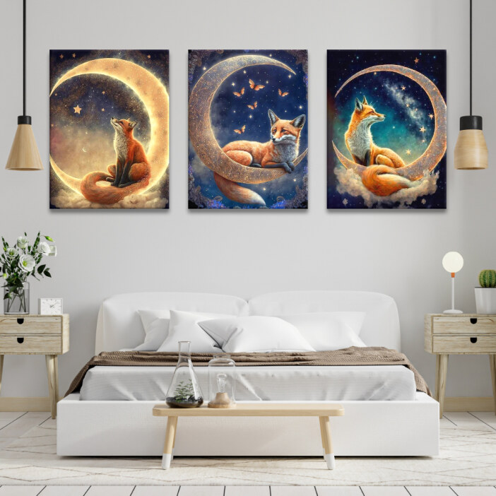 Tableau renard assis sur son croissant de lune Tableau renards assis sur leurs croissants de lune accroché dans une chambre avec un lit entouré de deux tables de nuit en bois et avec une table basse en bois au pied du lit