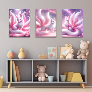 Tableau renards blancs à plusieurs queues accroché dans une chambre d'enfant au-dessus d'un meuble ouvert gris avec des jouets et des peluches