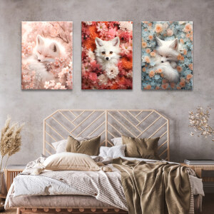 Tableau renard endormi dans les fleurs accroché au mur gris d'une chambre d'enfant au-dessus d'un meuble ouvert rempli de jouets et d'ours en peluche