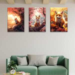 Tableau renards dans la lumière printanière accroché au mur d'un salon avec des poutres de bois clair au plafond et un canapé vert deux places ainsi qu'une table basse en bois