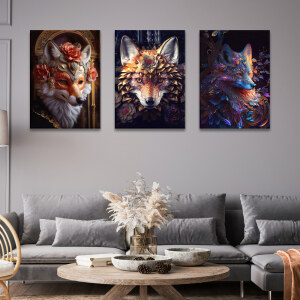 Tableau têtes de renards légendaires accroché dans un salon de style classique avec murs gris et canapé d'angle gris disposé autour d'une table basse de bois clair décorée d'un bouquet de fleurs séchées