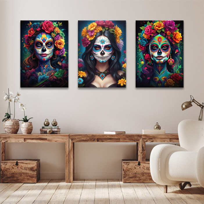 Tableau Mexique Catrina à couronne de fleurs accroché dans un salon avec grand meuble en bois sombre ouvert et fauteuil blanc