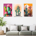 Tableau Mexique cactus pop art accroché dans un salon au-dessus d'un canapé bas dans les tons gris avec coussins blancs et plante verte à côté