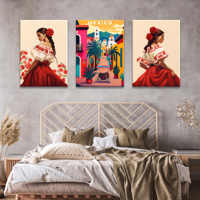 Tableau Mexique la jeune femme de Mexico Tableau Mexique la jeune femme de Mexico accroché au mur beige d'une chambre au-dessus d'un lit double avec coussins et draps beiges