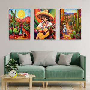 Tableau Mexique peintures colorées de femmes mexicaines accroché dans un salon au-dessus d'un canapé vert tendre avec trois coussins gris et une table basse en bois devant.