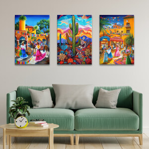 Tableau Mexique peintures d'un jour de fête accroché dans un salon au mur au-dessus d'un canapé avec coussins gris et table basse en bois clair sur laquelle se trouve une plante verte.