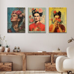 Tableau Mexique portrait coloré de Frida Kahlo accroché dans un séjour avec fauteuil blanc et au-dessus d'un meuble en bois foncé ouvert et décoré de plantes.