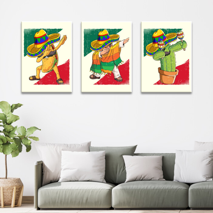 Tableau Mexique symboles humoristiques dab accroché dans un salon au-dessus d'un canapé bas dans les tons gris avec des coussins clairs et une plante en pot à côté.