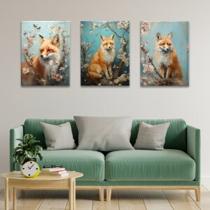 Tableau renard dans les branches fleuries accroché dans un salon au-dessus d'un canapé vert avec des pieds de bois clair et des coussins gris clair, une table basse en bois