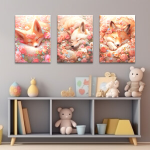 Tableau renard endormi dans les fleurs affiché au mur gris d'une chambre d'enfant au-dessus d'un meuble bas ouvert rempli de jouets et d'ours en peluche