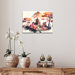 Petit tableau paysage japonais façon estampe accroché au-dessus d'un meuble en bois sombre décoré d'orchidées en pots et de livres anciens posés sous des boules métalliques.