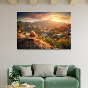 Tableau Mexique vue d'un paysage typique avec sombrero affiché dans un salon, avec poutres claires au plafond, au-dessus d'un canapé vert clair à coussins gris devant lequel se trouve une table basse.