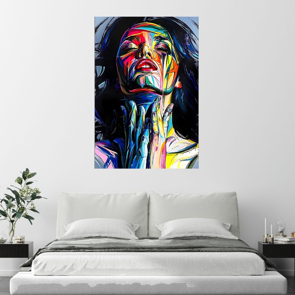 on voit au dessus d'un lit avec des draps gris clair un tableau moderne et coloré de femme