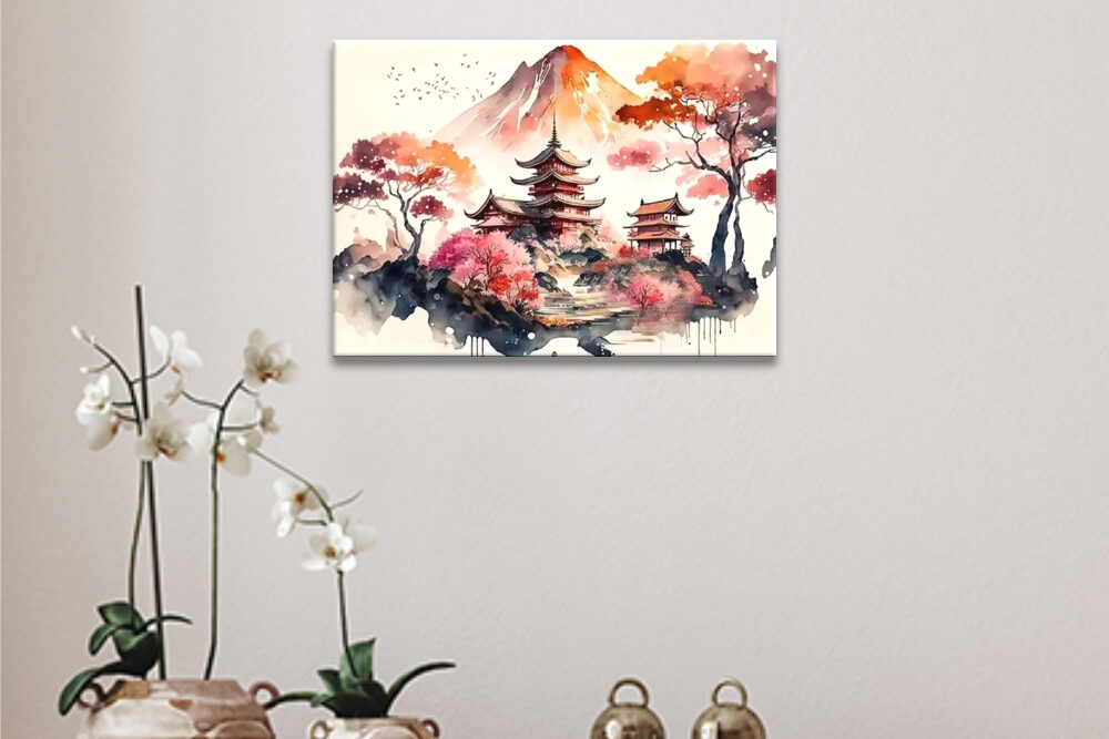 Petit tableau paysage japonais façon estampe accroché au-dessus d'un meuble en bois sombre décoré d'orchidées en pots et de livres anciens posés sous des boules métalliques.