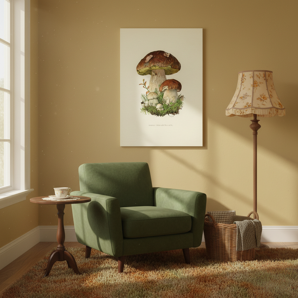 Un tableau champignon décoratif pour intérieur vintage fixé au mur dans un coin paisible, baigné de soleil, comme un salon doux et ancien où se trouve un fauteuil vert mousse, une lampe fleurie et un panier en osier.