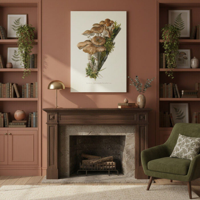 Un tableau champignon inspiration planches anciennes au-dessus d'une cheminée en pierre, entourée de livres, de plantes vertes et d’un fauteuil vert dans une pièce douce et calme.
