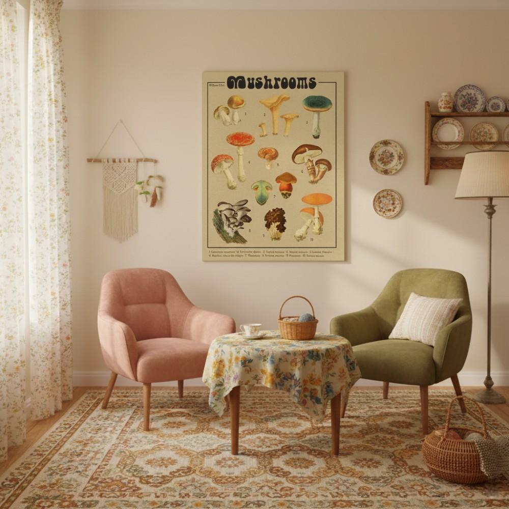 Un tableau de champignon mural inspiré de l'art botanique sur une toile peinte par impression, dans une pièce cosy avec un mur rose, un fauteuil à vert et un rose, et au centre, le joli tableau de champignons colorés ressemblant à un vieux livre de sciences.