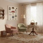 Un tableau de champignon botanique au charme rétro, toile peinte par impression, dans une pièce cosy avec un mur rose pale, deux fauteuils vintage en tissu, et au centre, le joli tableau de champignons colorés ressemblant à un vieux livre de sciences ludique et pédagogique.